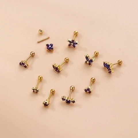 Cartilage Stud Earrings Royal Blue Zircon Flower Crown Stainless Steel Double Screw Ball Back Thin Bar Piercing For Women