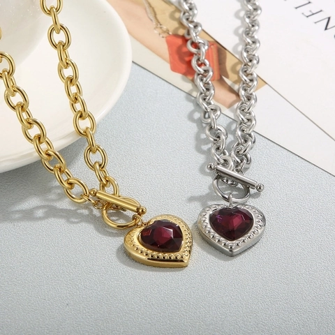 Collana Con Ciondolo a Cuore in Acciaio Inossidabile Per Donna Cuore Colorato in Cristallo di Vetro Chiusura a Toggle Gioielli di Moda