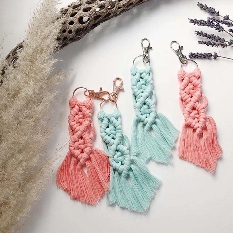 Macrame Keychain Handmade Braided Cotton Rope Tassel Bohemian Style Bag Pendant Accessory With Rose Gold Metal Clasp