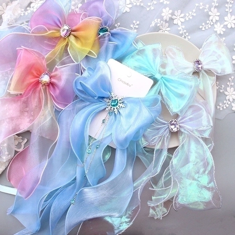 Kids Bow Hair Clip Headband Organza Rhinestone Snowflake Tassel Princess Headwear For Girls Sweet Cute