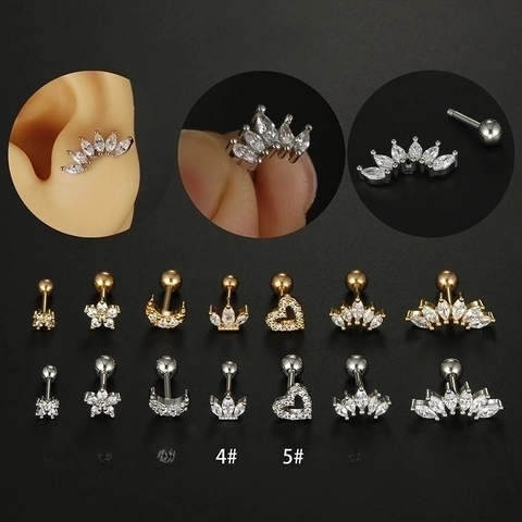 Boucles d'Oreilles de Cartilage en Acier Inoxydable 316L Zirconia Cœur Lune Étoile Helix Piercing Bijoux Avec Fermoir à Vis Femme Homme