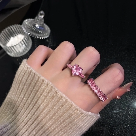 Anello Con Cuore In Zircone Rosa Da Donna Rame Placcato Argento Fascia Aperta Regolabile Gioielli Stile Dolce