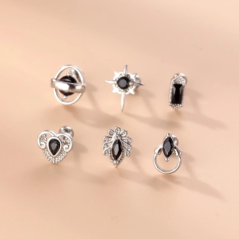 Boucles D'oreilles Cartilage En Zircon Noir Rétro Acier Inoxydable Vis À Double Tête Piercing Style Géométrique Bijoux