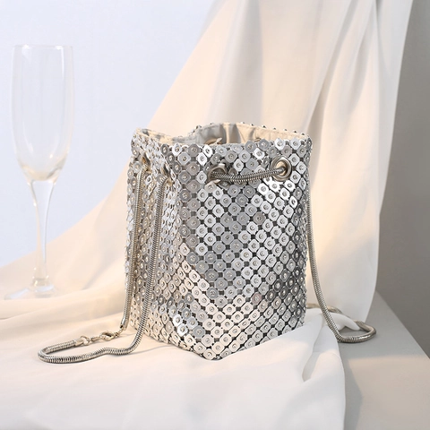 Glänzende Pailletten Strass Eimer Abendtasche Für Damen Metallgitter Kordelzug Kettengurt Umhängetasche Party Handtasche