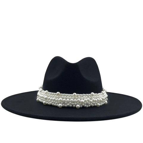Cappello Fedora A Tesa Larga Da Donna Feltro Lana Cashmere Elegante Decoro Künstliche Perle Jazz Chiesa Berretto Vintage Tinta Unita