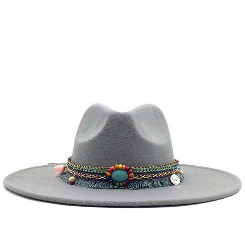 Vintage Wide Brim Fedora Hat Woolen Felt Ethnic Bohemian Style Jazz Church Cap For Women And Men