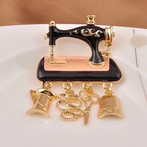 Broche Máquina De Coser Vintage Aleación Esmalte Alfiler De Seguridad Con Tijeras Cinta Métrica Dedal Joyería Creativa