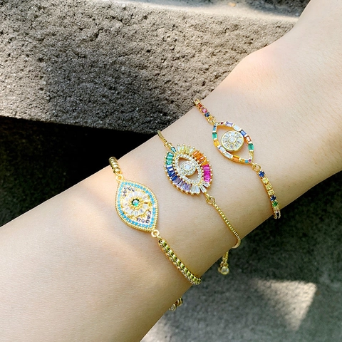 Bracciale Malocchio Rame Placcato Oro Zirconia Cubica Colorata Fibbia Scorrevole Regolabile Gioielli Boho Per Donna