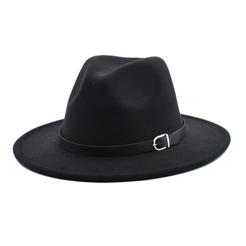 Vintage British Style Fedora Hat Wide Brim Solid Color Woolen Feel Cotton Polyester Blend With Buckle Belt Decor Elegant