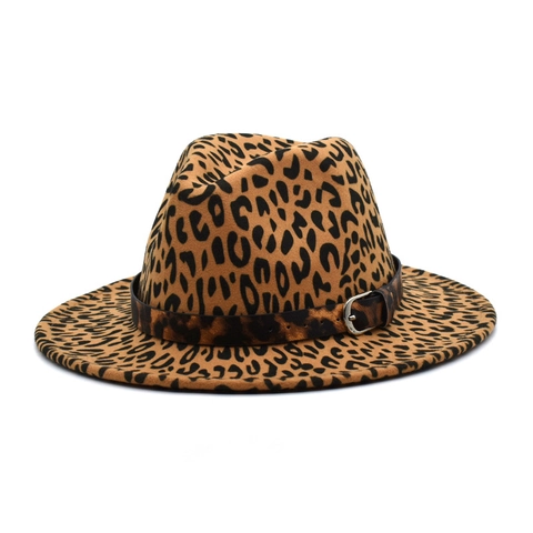 Leopard Print Fedora Hat Vintage Wide Brim Flat Top Jazz Cap With Belt Buckle Cotton Polyester Unisex Retro