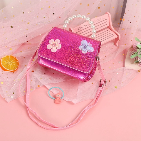 Girls Mini Crossbody Bag Glitter PU Leather With Artificial Pearl Handle Butterfly Flower Decor Fashion Cute Shoulder Handbag