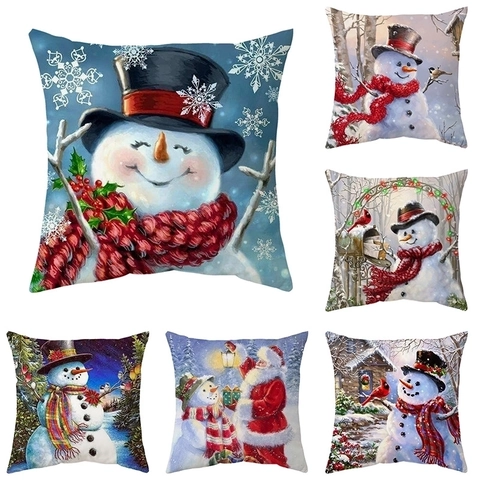 Funda De Cojín De Navidad Muñeco De Nieve Papá Noel Estampado De Invierno Felpa Corta Decorativa Funda De Almohada Cuadrada