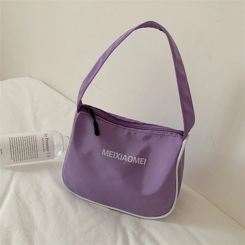 Women Nylon Underarm Hobo Bag Contrast Piping Letter Print Casual Lightweight Shoulder Handbag Zipper Closure