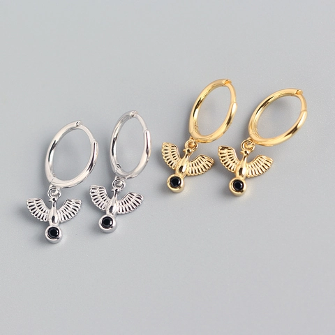 Friedenstaube Creolen 925 Sterlingsilber Schwarzer Zirkonia Vogel Anhänger Trendiger Minimalistischer Schmuck Frauen