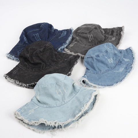 Vintage Washed Denim Bucket Hat With Distressed Frayed Edge Wide Brim Sun Protection Streetwear For Women