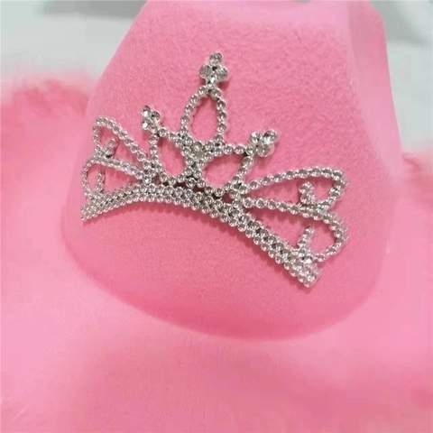 Western Cowgirl Hat Polyester Felt With Rhinestone Tiara Crown Artificial Feather Sequin Trim For Party Festival