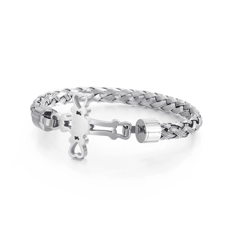 Men Woven Mesh Chain Bracelet 316L Stainless Steel Cross With Heart Cutout Punk Religious Jewelry Gold Black Silver Color