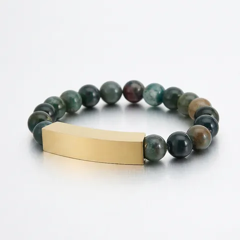 Moss Agate Kralen Armband Met Roestvrijstalen Gebogen Bar Plaat Minimalistisch Sieraden Cadeau Voor Heren