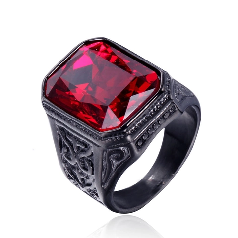 Retro Men Ring Stainless Steel Large Rectangle Gemstone Vintage Engraved Punk Gothic Black Band Jewelry