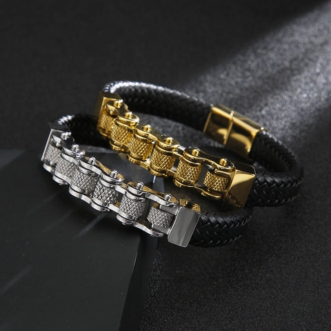 Bracciale Da Uomo In Acciaio Inossidabile A Catena Di Bicicletta Pelle Intrecciata Gioielli Stile Industriale Punk Con Chiusura Magnetica