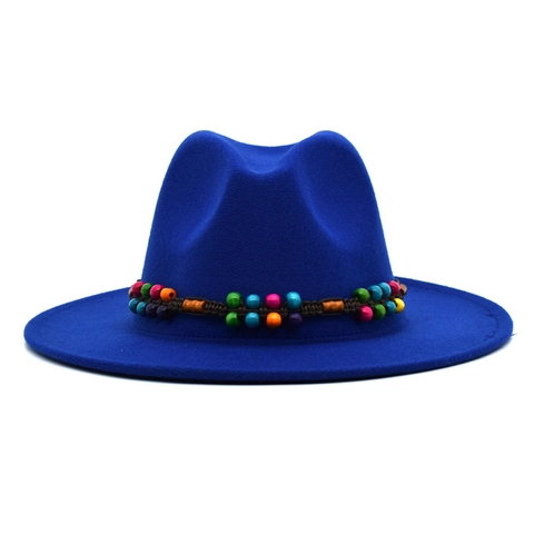 Wide Brim Fedora Hat Ethnic Beaded Band Cotton Polyester Blend Felt Retro Jazz Cap Unisex Outdoor Travel Warm Sunshade