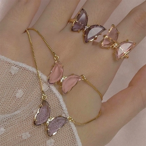 Butterfly Shaped Open Ring Gold Plated Copper With Crystal Glass And Zircon Adjustable Fashion Jewelry For Women