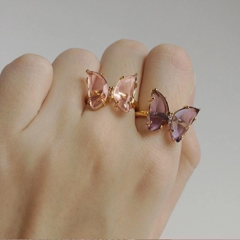 Butterfly Shaped Open Ring Gold Plated Copper With Crystal Glass And Zircon Adjustable Fashion Jewelry For Women