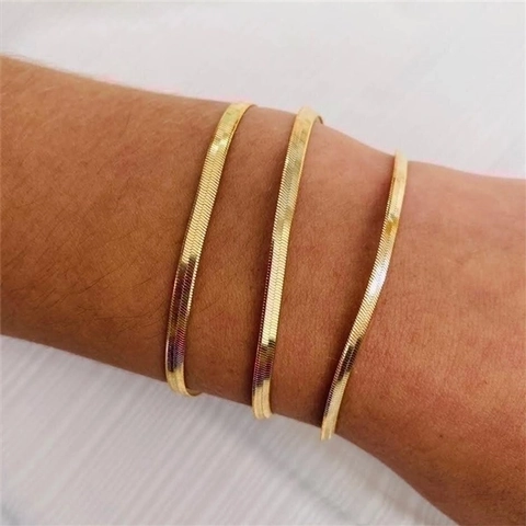 Bracciale A Catena Piatta A Spina Di Pesce Minimalista Acciaio Inossidabile Lucidato Placcato Oro Regolabile Catena Serpente Donna