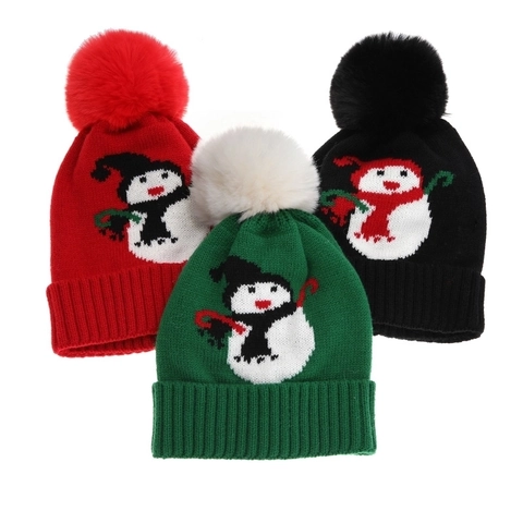Berretto in Maglia Pupazzo di Neve Natalizio Invernale per Bambini Caldo Berretto con Pompon per Ragazzi Ragazze Acrilico