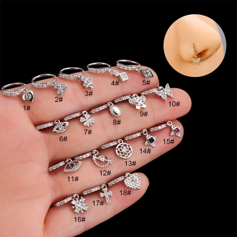 Fashion Copper Cubic Zirconia Nose Rings For Women Heart Butterfly Cross Dangle Hoop Piercing Jewelry