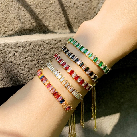 Bracelet De Tennis En Zircone Cubique Taille Baguette Cuivre Plaqué Or 18K Ajustable Coulissant Bolo Pour Femmes Bijoux Tendance