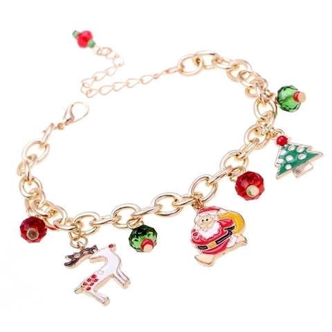 Christmas Charm Bracelet Alloy Gold Plated Santa Claus Reindeer Tree Festive Jewelry Holiday Gift For Women