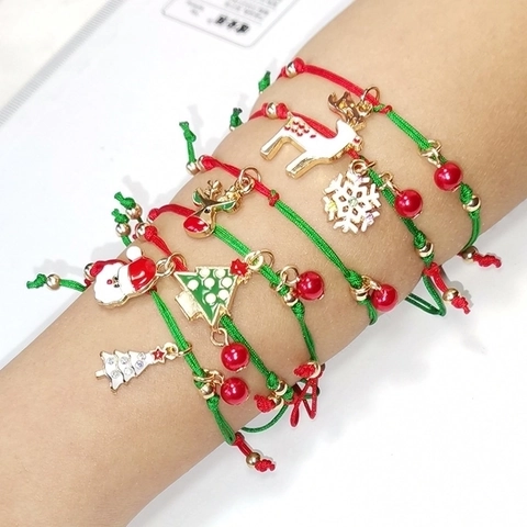 Pulsera Trenzada De Navidad Aleación Esmalte Papá Noel Reno Copo De Nieve Ajustable Rojo Verde Joyería Para Niños Niñas