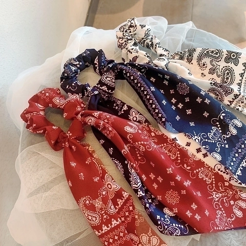 Französischer Stil Paisley Bedruckte Band Haargummi Für Damen Vintage Satin Stoff Haarbänder Pferdeschwanz Halter Haarschmuck