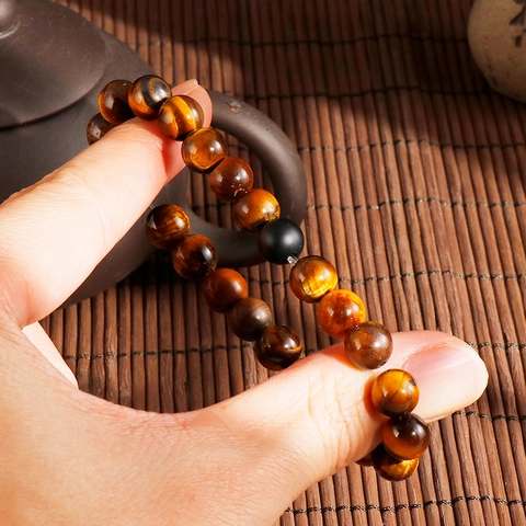 Natural Tiger Eye And Matte Black Agate Beaded Bracelet Elastic Retro Ethnic Style Unisex Zen Stone Jewelry