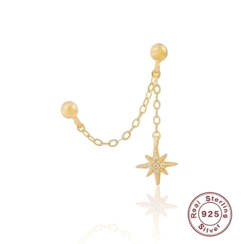 Pendiente De Cadena Con Estrella De Ocho Puntas De Plata De Ley 925 Con Circonita Para Doble Perforación