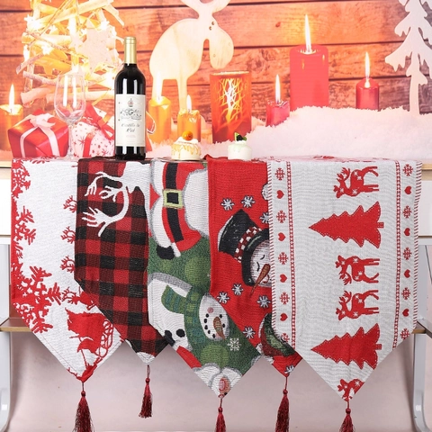 Runner Da Tavola Natalizio Tessuto A Maglia Quadri Motivo Renna Pupazzo Di Neve Decorazione Festiva Nappine Festa