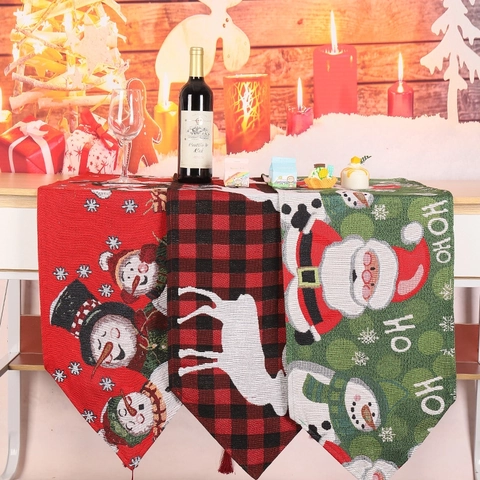 Christmas Table Runner Knitted Jacquard Fabric Festive Santa Snowman Reindeer Tassels Holiday Dinner Party Decoration