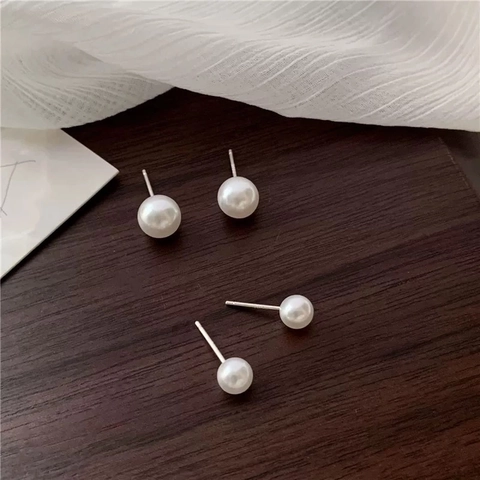 Round Artificial Pearl Stud Earrings With 925 Sterling Silver Earring Post Alloy Minimalist Elegant Jewelry Gift For Women