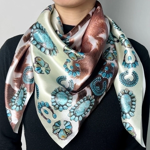 Western Stijl Vierkante Sjaal Satijn Polyester Koeienprint Turquoise Sieradenpatroon Vintage Mode Voor Dames
