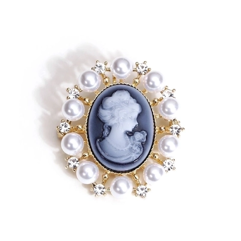 Vintage Victorian Cameo Beauty Head Brooch Alloy Faux Artificial Pearl Rhinestone Royal Style Ladies Corsage Pin