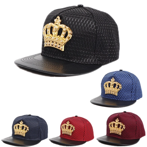 Hip Hop Snapback Baseball Cap Acrylic Mesh Faux Leather Brim Rhinestone Gold Crown Metal Logo Adjustable Breathable