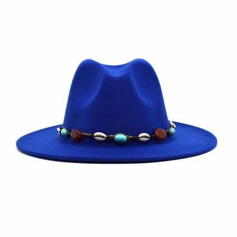 Vintage Böhmisch Wollfilz Fedora Hut Breite Krempe Ethnisch Muschel Türkis Dekor Flacher Kopf Jazz Kappe Für Damen Herren
