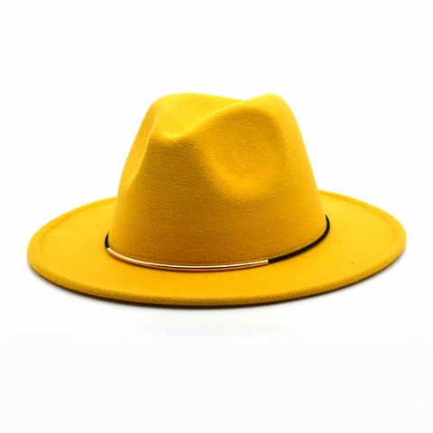 Vintage Woolen Fedora Hat Wide Brim Jazz Cap With Gold Metal Decor Band For Women Men Solid Color Travel Sunshade