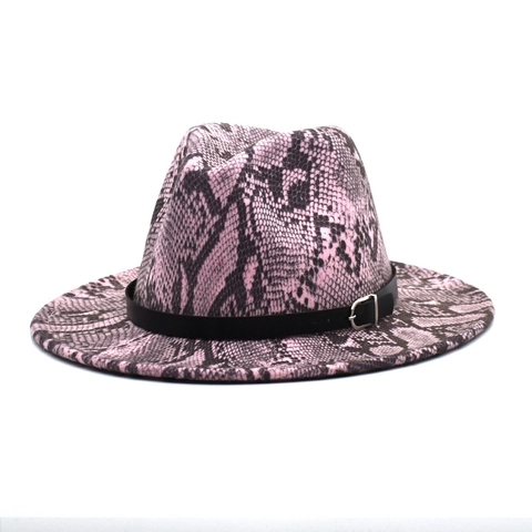 Cappello Fedora Stampa Serpente Cotone Poliestere Tesa Larga Piatta Berretto Jazz Con Cinturino In Pelle Per Uomo Donna