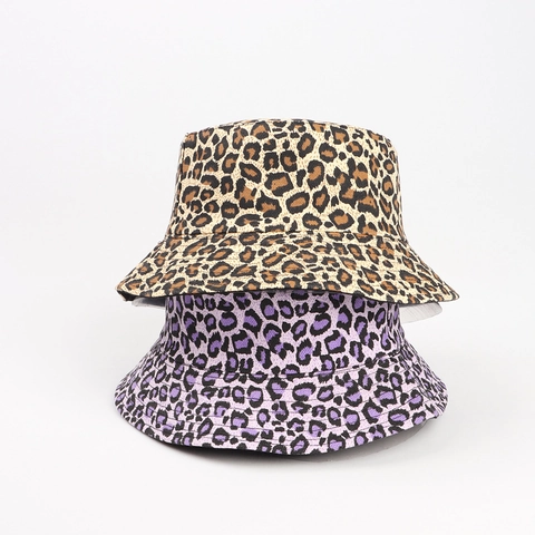 Reversible Leopard Print Bucket Hat Canvas Double Sided Wide Brim Foldable Sun Protection Fisherman Hat For Women
