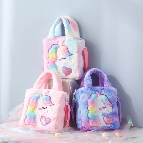 Kids Plush Unicorn Crossbody Bag Cute Cartoon Embroidery Sequin Handbag Rainbow Colorful Shoulder Purse For Girls