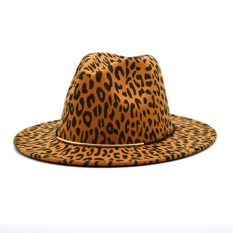 Leopard Print Fedora Hat With Gold Metal Band Wide Flat Brim Cotton Polyester Felt Vintage Jazz Style For Women Men