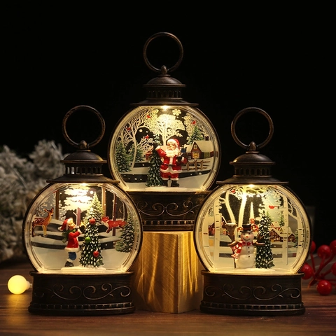 LED Christmas Lantern Snow Globe Night Light Retro Bronze Santa Claus Snowman Decor PVC Resin Tabletop Holiday Gift