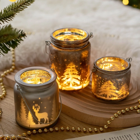 Candelabro in Vetro Luminoso a LED di Natale Vasetto in Vetro Smerigliato Con Manico in Metallo Renna Albero Decorazione Tavolo
